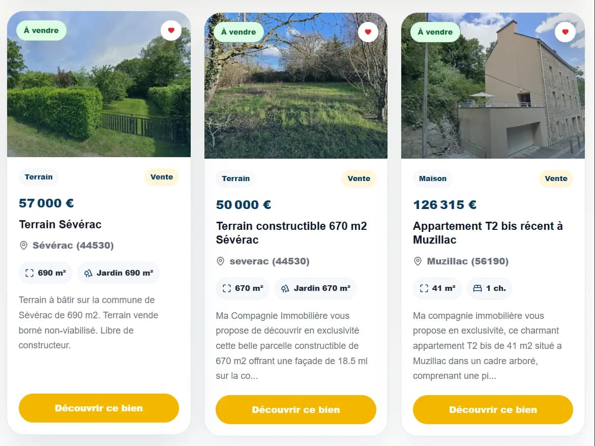Cartes de biens à vendre sur un site Webcraft Immo