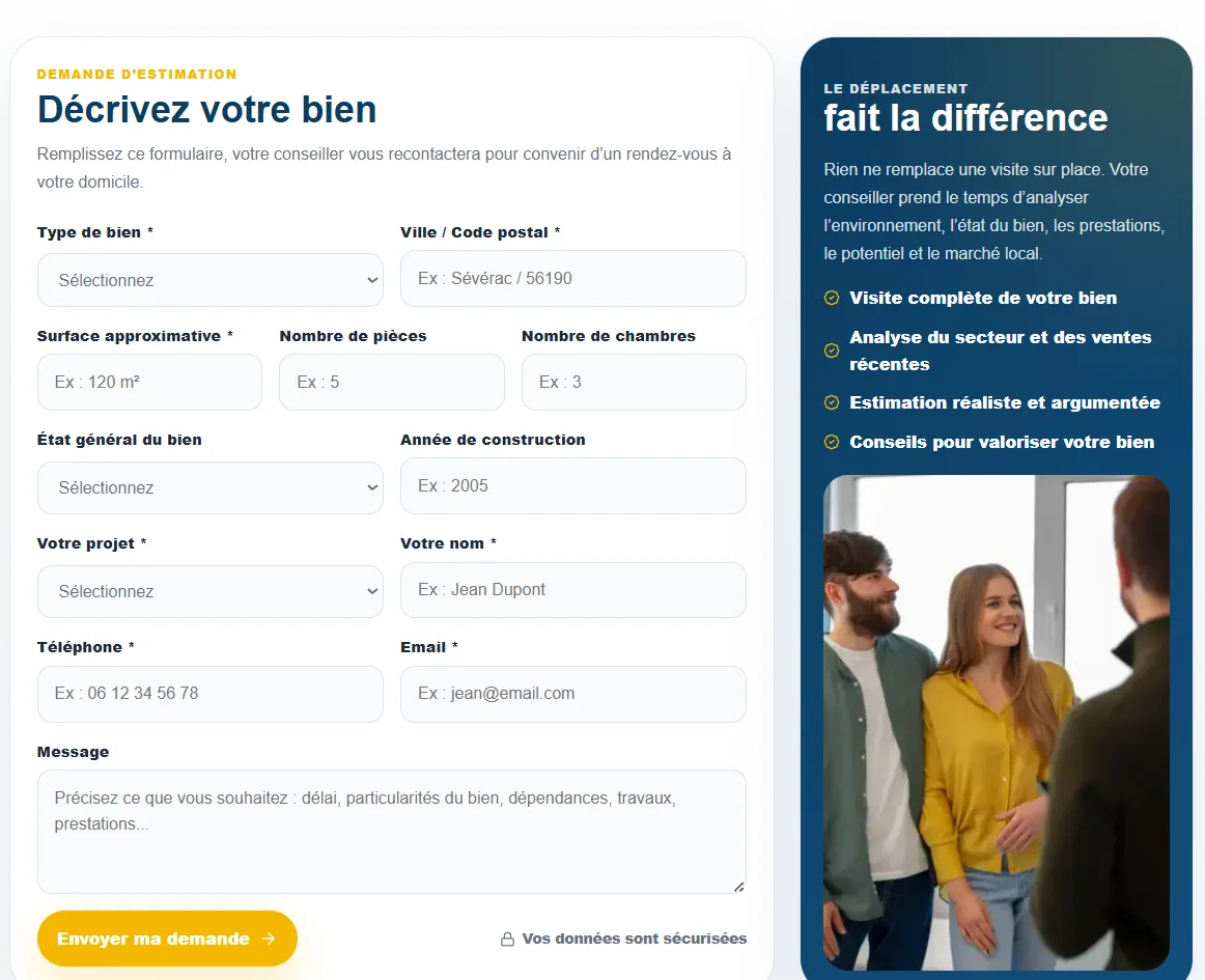 Formulaire de demande d'estimation sur un site Webcraft Immo