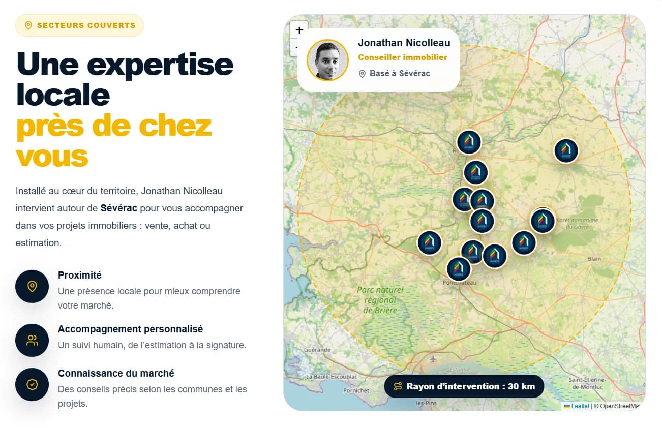 Carte des secteurs d'intervention sur un site Webcraft Immo